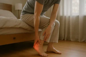 Patient experiencing morning heel pain, a common symptom of plantar fasciitis