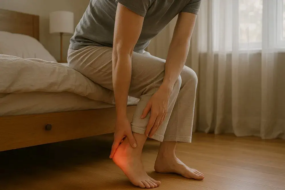 Patient experiencing morning heel pain, a common symptom of plantar fasciitis