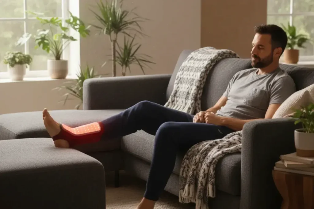 Man on couch preparing for Plantar Fasciitis Embolization