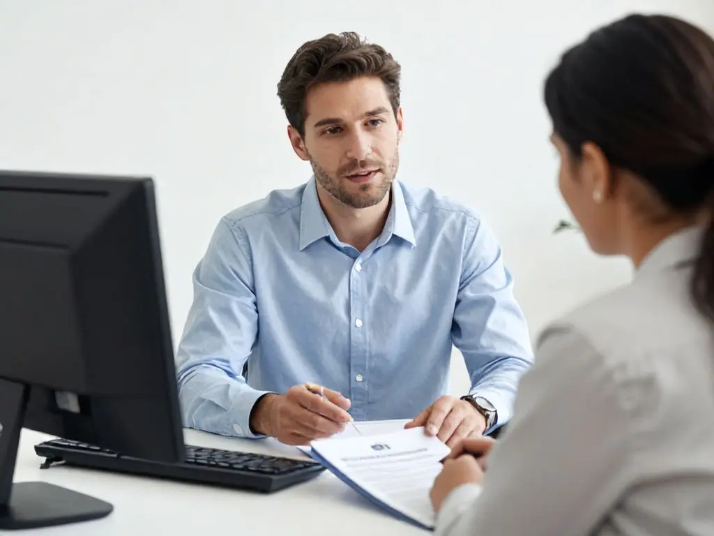 Male and female discussing insurance for heel pain procedure