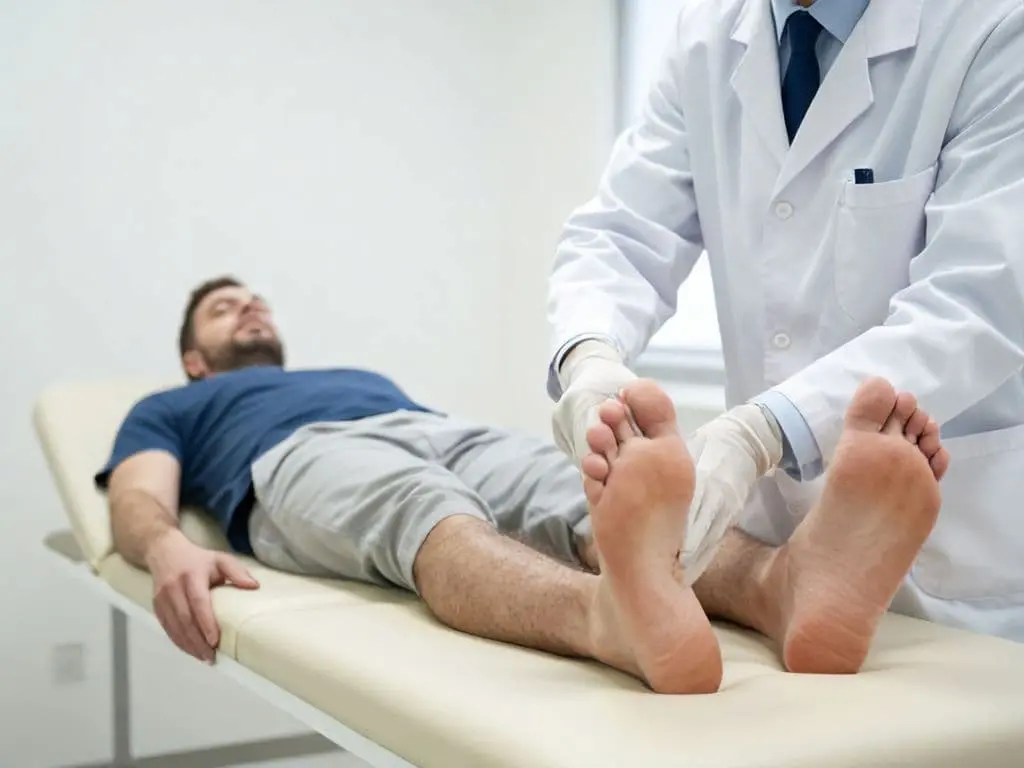 Male getting heel pain examine from doctor.